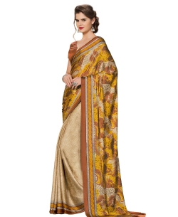 Beige And Mustard Georgette Printed Regular Sarees