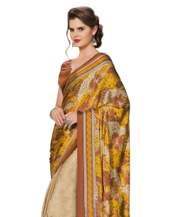 Beige And Mustard Georgette Printed Regular Sarees