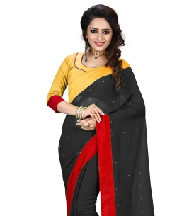 Black And Red Georgette Stones, Crystals Regular Sarees