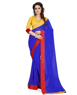 Blue And Red Georgette Stones, Crystals Regular Sarees