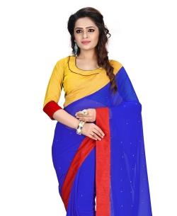 Blue And Red Georgette Stones, Crystals Regular Sarees