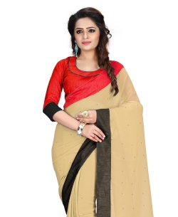 Beige And Red Georgette Stones, Crystals Regular Sarees