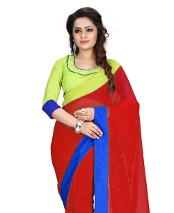 Red And Blue Georgette Stones, Crystals Regular Sarees