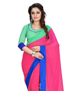 Hot Pink Georgette Stones, Crystals Regular Sarees