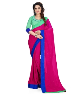Deep Pink Georgette Stones, Crystals Regular Sarees