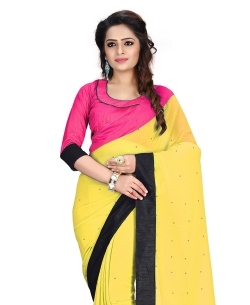 Yellow And Black Georgette Stones, Crystals Regular Sarees