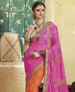 Pink And Orange Georgette Bandhani, Bandhej Regular Sarees