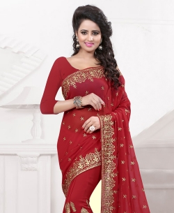 Red Georgette Embroidered Regular Sarees