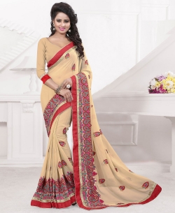 Cream Georgette Embroidered Regular Sarees