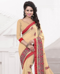 Cream Georgette Embroidered Regular Sarees