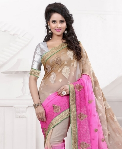 Beige And Pink Chiffon Embroidered Regular Sarees
