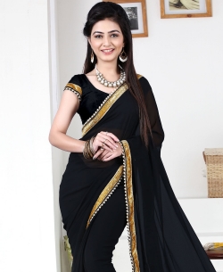 Black Georgette Stones, Crystals Regular Sarees