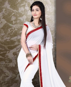 White Georgette Stones, Crystals Regular Sarees