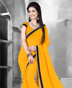 Mustard Georgette Stones, Crystals Regular Sarees