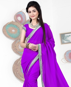Purple Georgette Stones, Crystals Regular Sarees