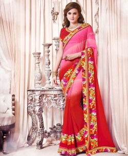Pink And Red Georgette Ombre Regular Sarees