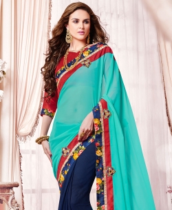 Turquoise And NavyBlue Georgette Printed Regular Sarees
