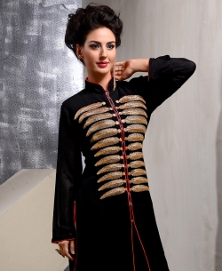 Black Georgette Embroidered Straight Cut Kurtis