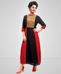 Black And Red Georgette Embroidered Straight Cut Kurtis