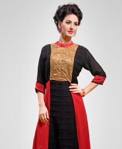 Black And Red Georgette Embroidered Straight Cut Kurtis