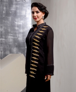 Black Georgette Embroidered Straight Cut Kurtis