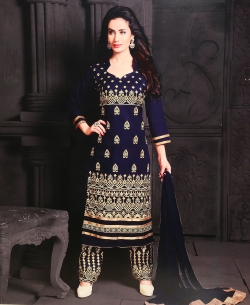 Navy Blue Georgette Blend Embroidered Salwar Suits