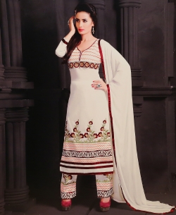 White Georgette Blend Embroidered Salwar Suits