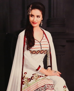 White Georgette Blend Embroidered Salwar Suits