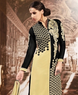Pale Yellow And Black Georgette Embroidered Straight Pant Suits