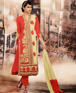 Red And Cream Georgette Embroidered Straight Pant Suits