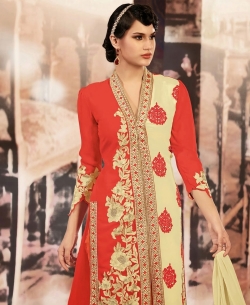 Red And Cream Georgette Embroidered Straight Pant Suits