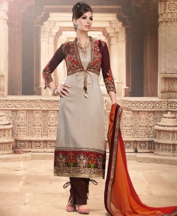 Beige And ChocoaBrown Art Silk Embroidered Straight Pant Suits