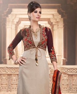 Beige And ChocoaBrown Art Silk Embroidered Straight Pant Suits