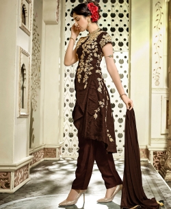 Brown Art Silk Embroidered Straight Pant Suits