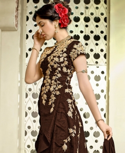 Brown Art Silk Embroidered Straight Pant Suits