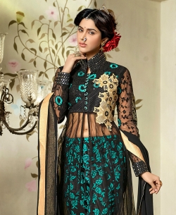 Black And Blue Net Applique Straight Pant Suits