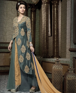 Grey Banarasi Silk Embroidered Straight Pant Suits