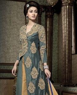Grey Banarasi Silk Embroidered Straight Pant Suits