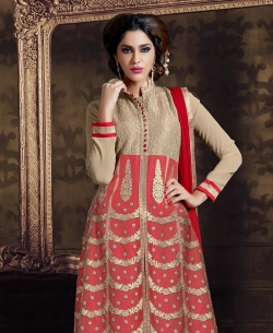 Tan Brown And Red Georgette Embroidered Straight Pant Suits