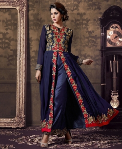 Blue Georgette Embroidered Straight Pant Suits