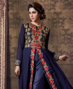 Blue Georgette Embroidered Straight Pant Suits