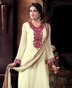 Cream Georgette Embroidered Straight Pant Suits