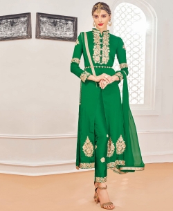 Green Georgette Embroidered Straight Pant Suits