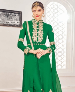 Green Georgette Embroidered Straight Pant Suits