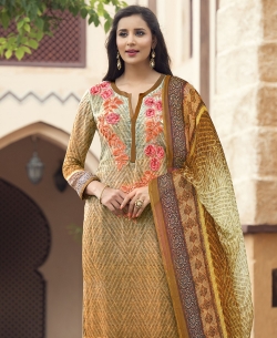 Beige And Brown Georgette Printed Straight Pant Suits