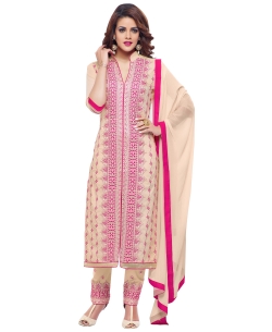 Cream Georgette Blend Embroidered Straight Pant Suits