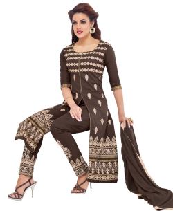 Coffee Georgette Blend Embroidered Straight Pant Suits