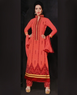 Salmon Chanderi Cotton Embroidered Straight Pant Suits