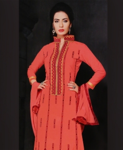 Salmon Chanderi Cotton Embroidered Straight Pant Suits