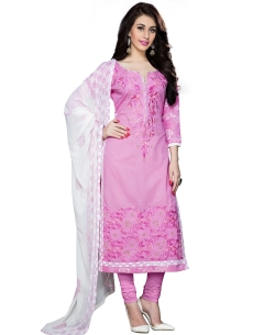 Pink Cambric Cotton Embroidered Straight Suits